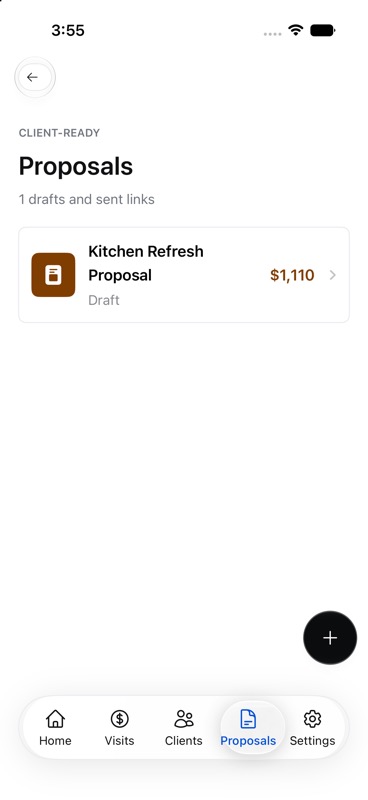 ScopeCue mobile proposals screen showing organized proposal work for clients.