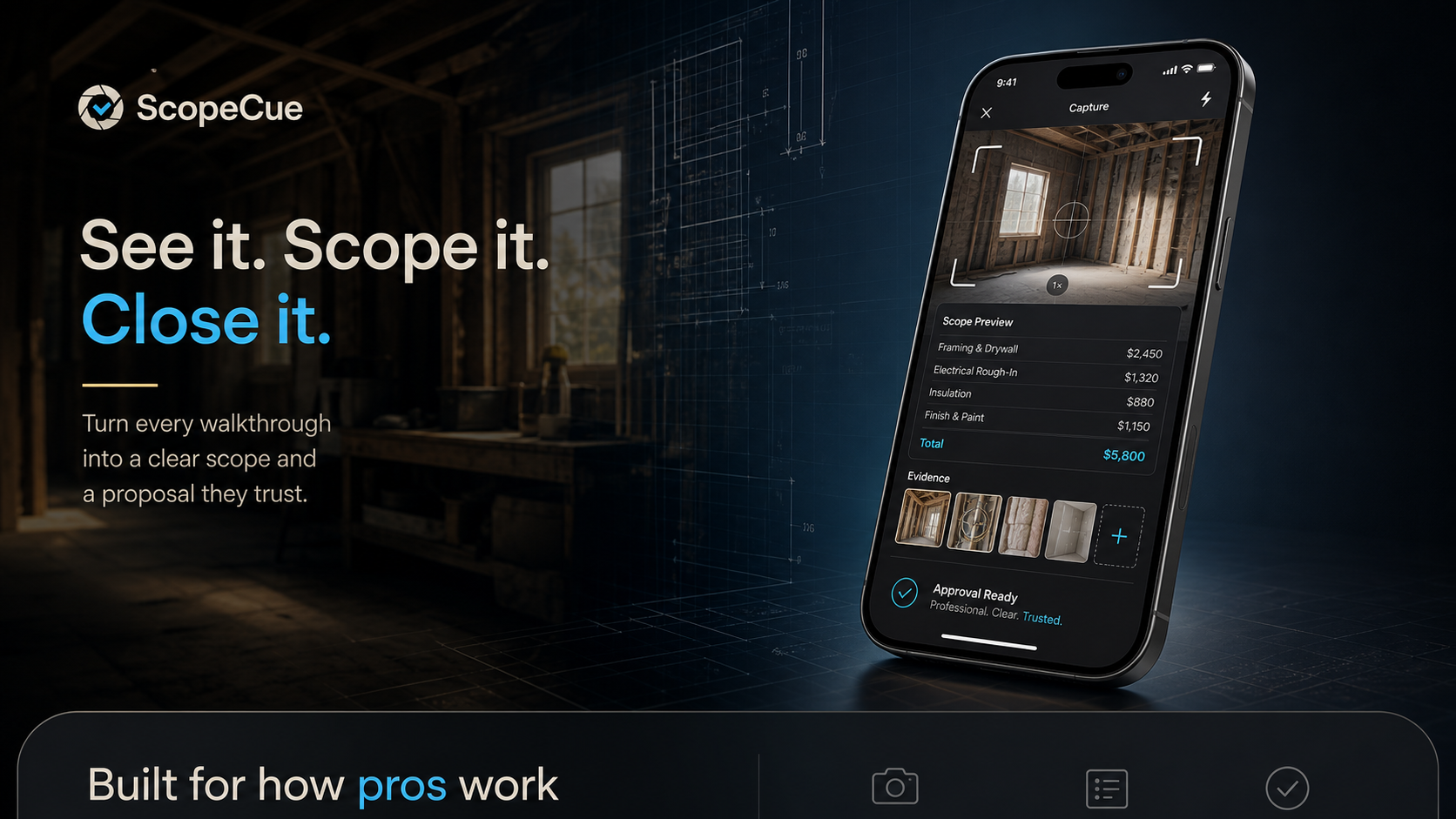 ScopeCue iPhone capture screen with proposal evidence and pricing preview